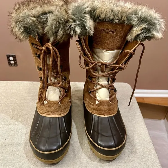 Khombu Tall Brown/Cream Color Lace-Up Rain/Snow Boots