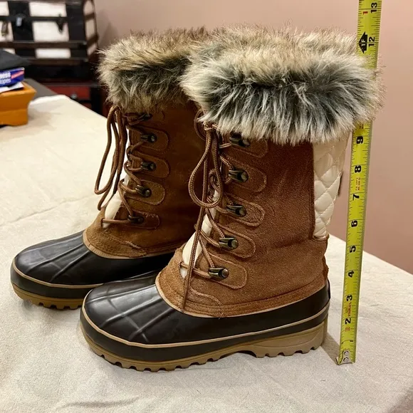 Khombu Tall Brown/Cream Color Lace-Up Rain/Snow Boots