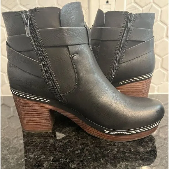 Kork-Ease Ankle Bootie Leather Black‎ Block Heel Women's 7.5 Trisha retail $230