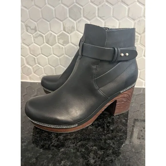 Kork-Ease Ankle Bootie Leather Black‎ Block Heel Women's 7.5 Trisha retail $230