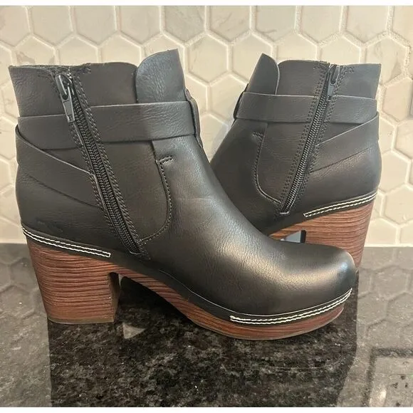 Kork-Ease Ankle Bootie Leather Black‎ Block Heel Women's 7.5 Trisha retail $230