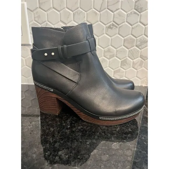 Kork-Ease Ankle Bootie Leather Black‎ Block Heel Women's 7.5 Trisha retail $230