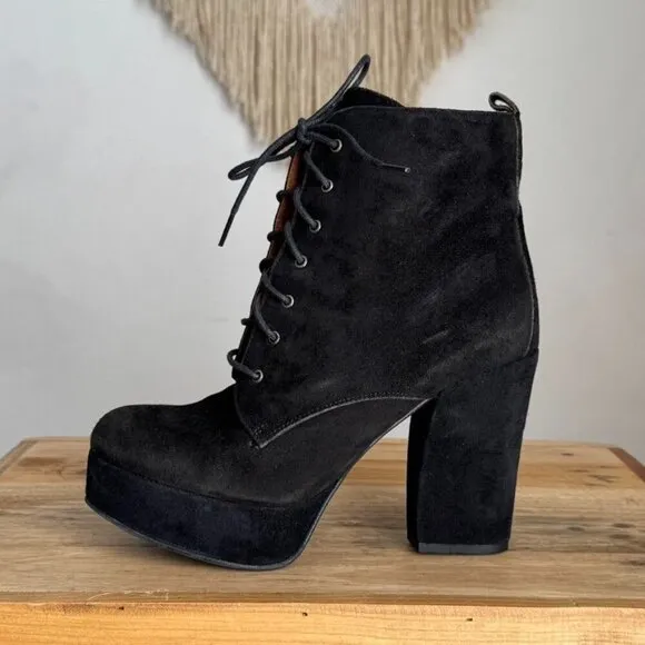 Kurt Geiger Y2K Black Suede Leather Platform Almond Toe Lace Up Boots Size 8.5