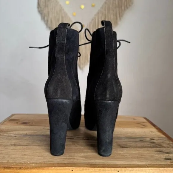 Kurt Geiger Y2K Black Suede Leather Platform Almond Toe Lace Up Boots Size 8.5