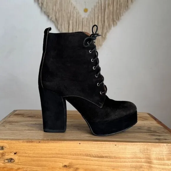 Kurt Geiger Y2K Black Suede Leather Platform Almond Toe Lace Up Boots Size 8.5