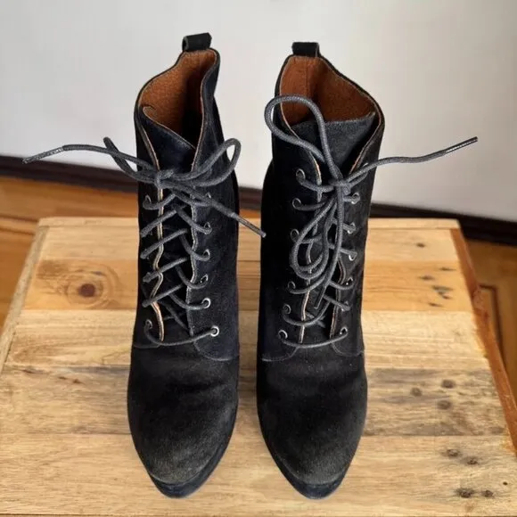 Kurt Geiger Y2K Black Suede Leather Platform Almond Toe Lace Up Boots Size 8.5