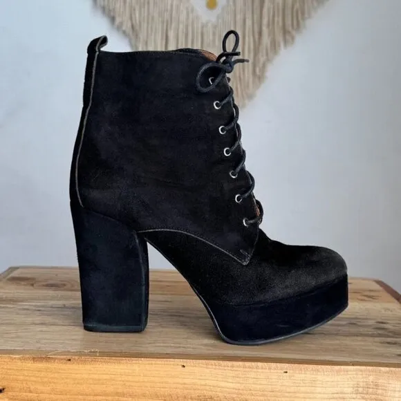 Kurt Geiger Y2K Black Suede Leather Platform Almond Toe Lace Up Boots Size 8.5