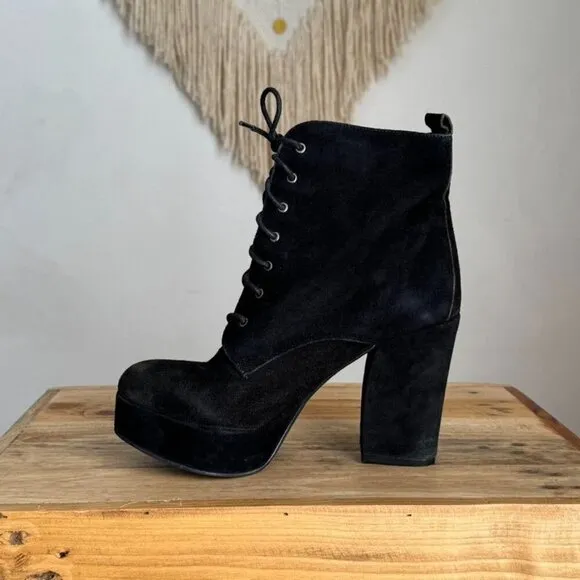 Kurt Geiger Y2K Black Suede Leather Platform Almond Toe Lace Up Boots Size 8.5