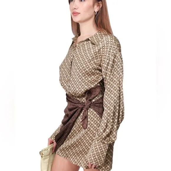 L'ACADEMIE The Kamille Mini Dress in Tan &amp; Brown Chain XS