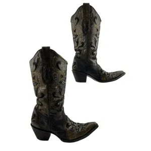 Ladies Corral Vintage Brown Python Cross Crystal Studs Western Boots Size 6.5 M