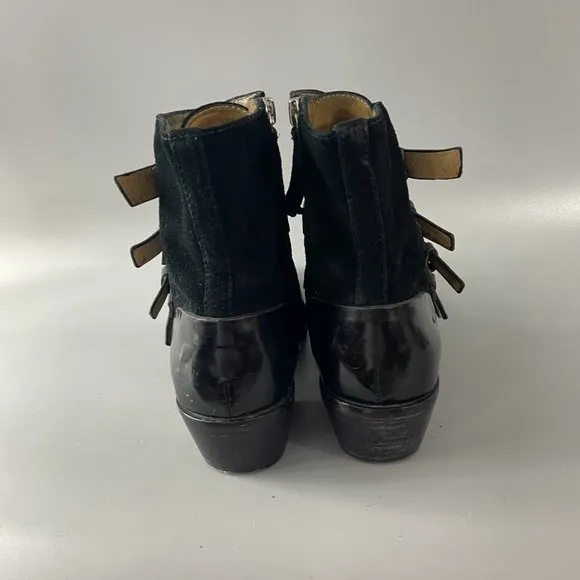 L.A.M.B. Odd Black Suede/Patent Leather Buckle Boots, 7 1/2 M