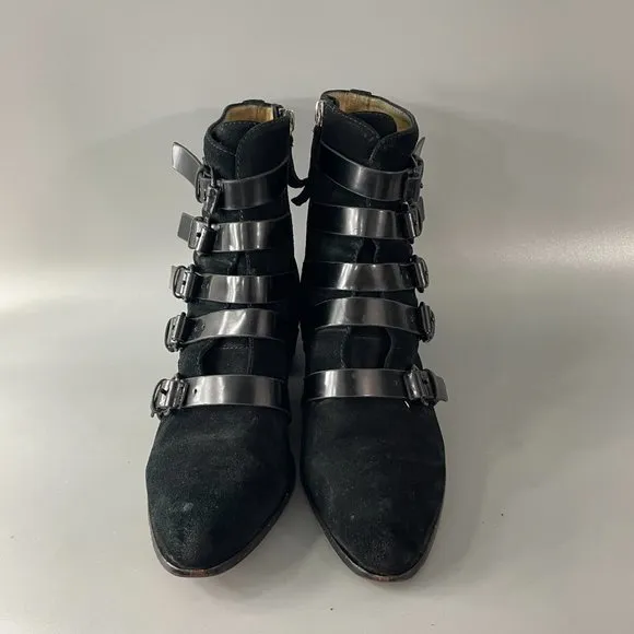 L.A.M.B. Odd Black Suede/Patent Leather Buckle Boots, 7 1/2 M