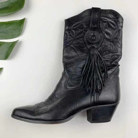 Laredo Cowboy Boots Mid Calf Western Black Leather Tassel USA Women's 6