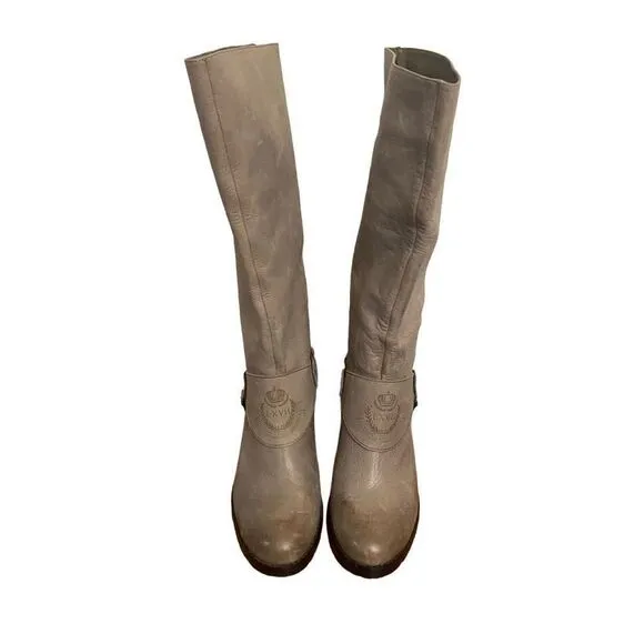 Lauren Ralph Lauren Delsa Taupe Gray Burnished Leather Riding Boots Size 8.5
