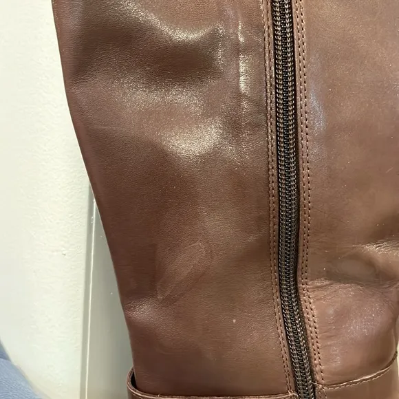 Lauren Ralph Lauren Madisen Leather Riding Boots Sz 7 Brown Embossed Monogram