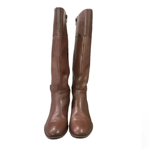 Lauren Ralph Lauren Madisen Leather Riding Boots Sz 7 Brown Embossed Monogram