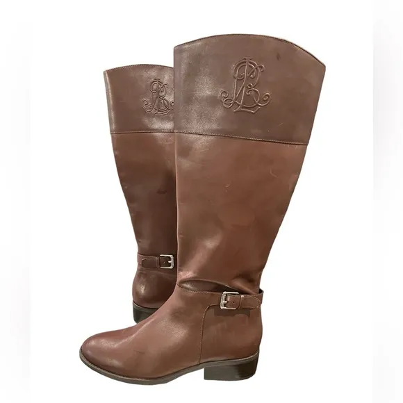 Lauren Ralph Lauren Madisen Leather Riding Boots Sz 7 Brown Embossed Monogram