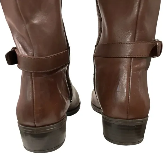 Lauren Ralph Lauren Madisen Leather Riding Boots Sz 7 Brown Embossed Monogram