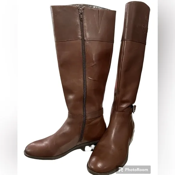 Lauren Ralph Lauren Madisen Leather Riding Boots Sz 7 Brown Embossed Monogram