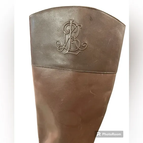 Lauren Ralph Lauren Madisen Leather Riding Boots Sz 7 Brown Embossed Monogram