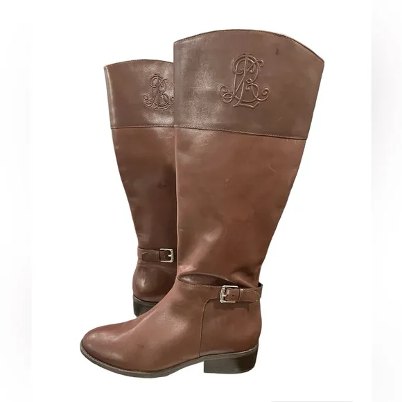 Lauren Ralph Lauren Madisen Leather Riding Boots Sz 7 Brown Embossed Monogram