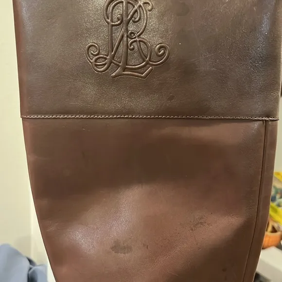 Lauren Ralph Lauren Madisen Leather Riding Boots Sz 7 Brown Embossed Monogram