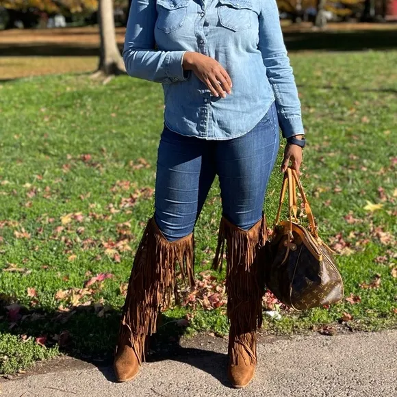 Layered Fringe Knee-High Boots