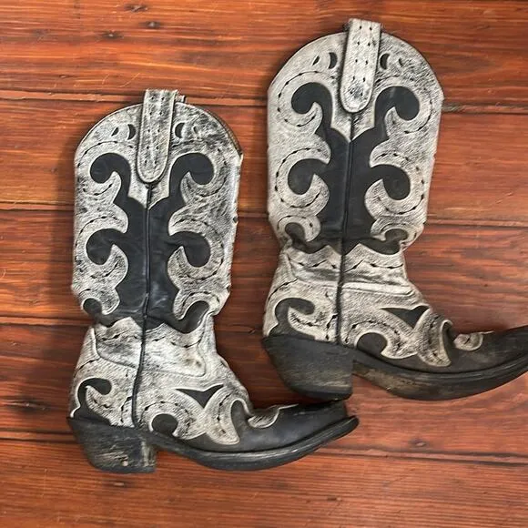 Leather embroidered pull on western cowboy rodeo boots sz 7