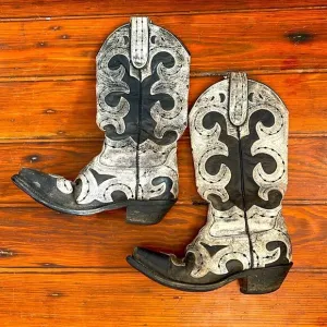 Leather embroidered pull on western cowboy rodeo boots sz 7