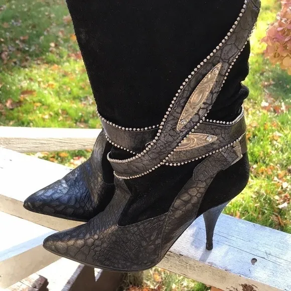 L’idea Sherida Black Suede Scrunch Western Ranch Rodeo Heeled Boots Size…