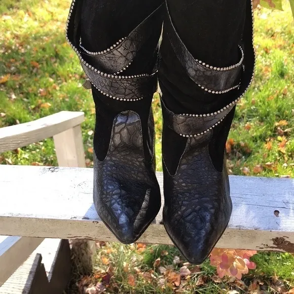 L’idea Sherida Black Suede Scrunch Western Ranch Rodeo Heeled Boots Size…