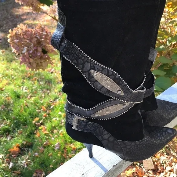 L’idea Sherida Black Suede Scrunch Western Ranch Rodeo Heeled Boots Size…