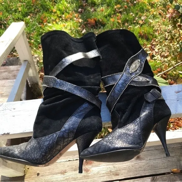 L’idea Sherida Black Suede Scrunch Western Ranch Rodeo Heeled Boots Size…