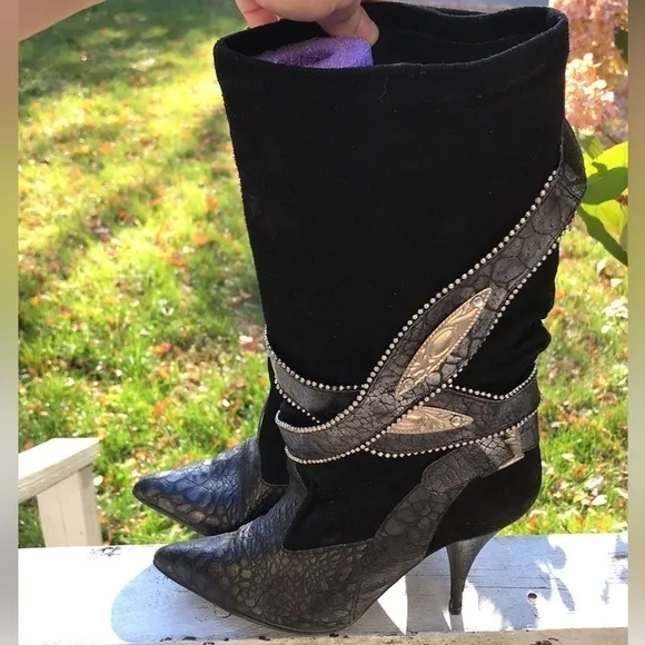 L’idea Sherida Black Suede Scrunch Western Ranch Rodeo Heeled Boots Size…