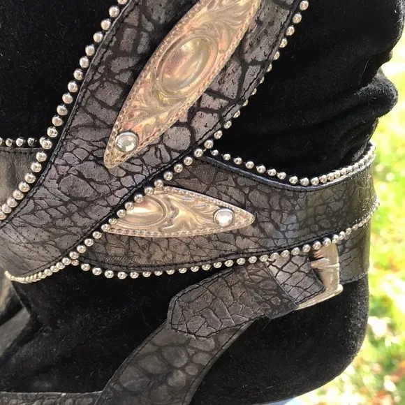L’idea Sherida Black Suede Scrunch Western Ranch Rodeo Heeled Boots Size…