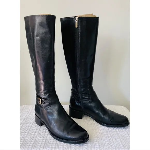 L.K. BENNETT London Black Leather Side Zipper Knee High Boots Size 35