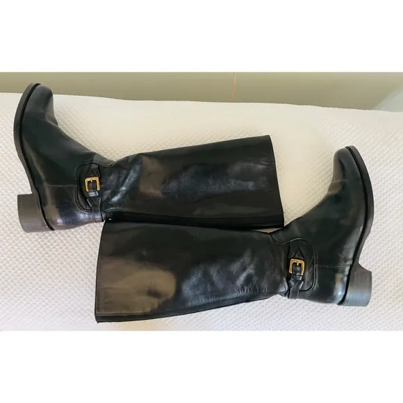 L.K. BENNETT London Black Leather Side Zipper Knee High Boots Size 35