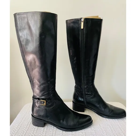L.K. BENNETT London Black Leather Side Zipper Knee High Boots Size 35