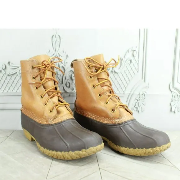 LL Bean Brown Leather Lace Up Round Toe Unlined Ankle Duck Boots Size 7 M