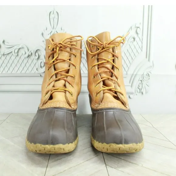 LL Bean Brown Leather Lace Up Round Toe Unlined Ankle Duck Boots Size 7 M