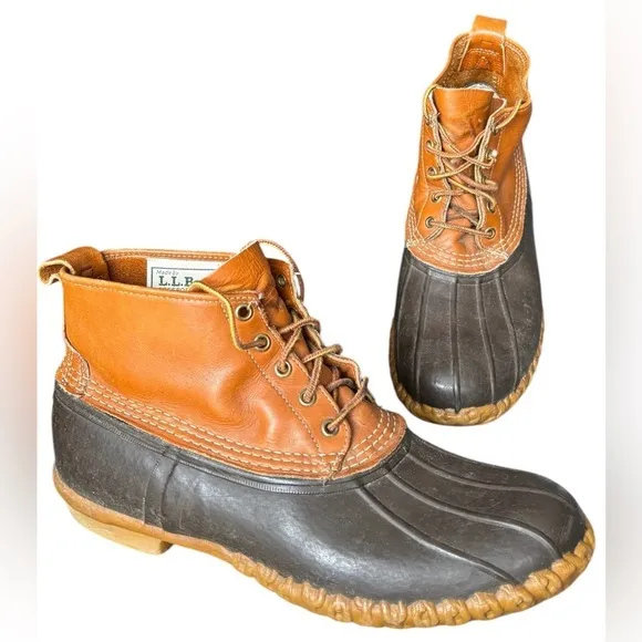 LL Bean Duck Boots Size 12/46 Brown Leather Rain Snow Lace Up Made In USA