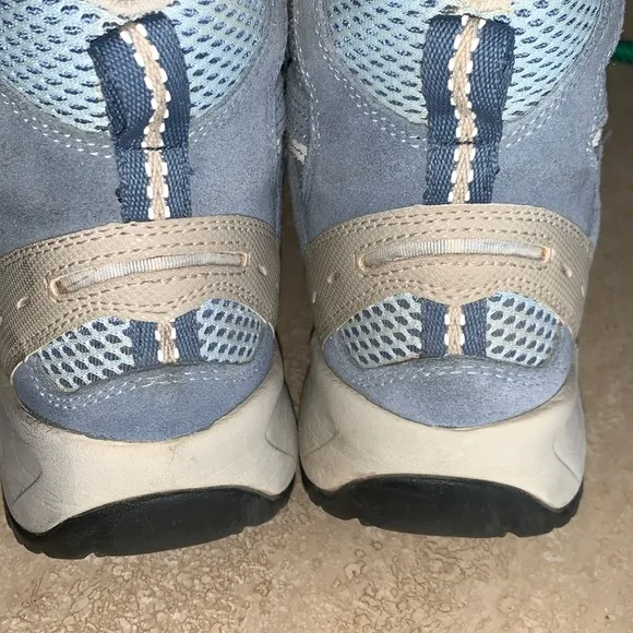 LL BEAN hiking boots, high top, blue &amp; grey leather, breathable net foot, 10 EUC