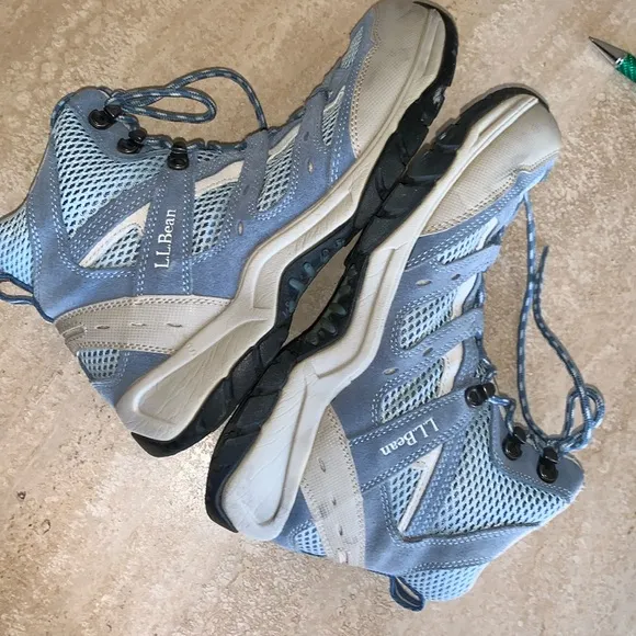LL BEAN hiking boots, high top, blue &amp; grey leather, breathable net foot, 10 EUC