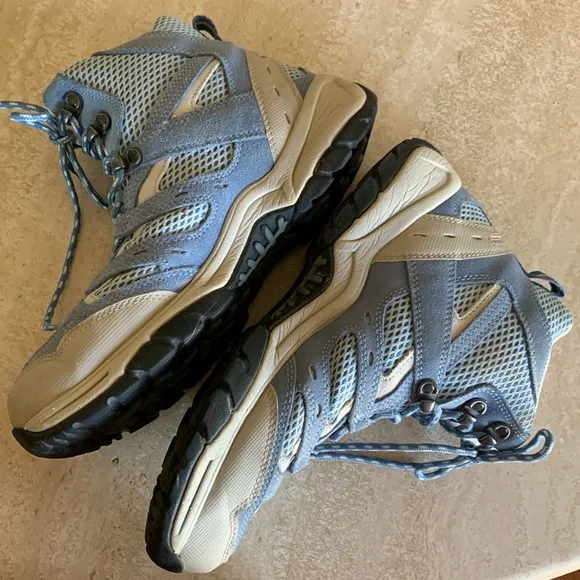 LL BEAN hiking boots, high top, blue &amp; grey leather, breathable net foot, 10 EUC