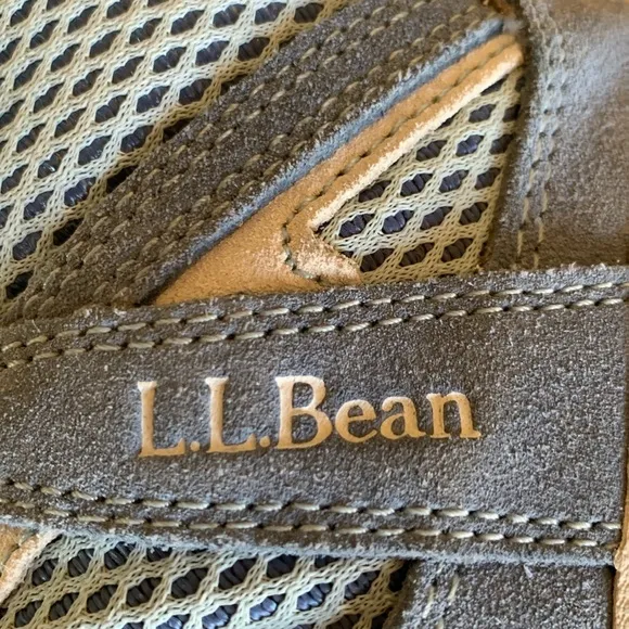 LL BEAN hiking boots, high top, blue &amp; grey leather, breathable net foot, 10 EUC