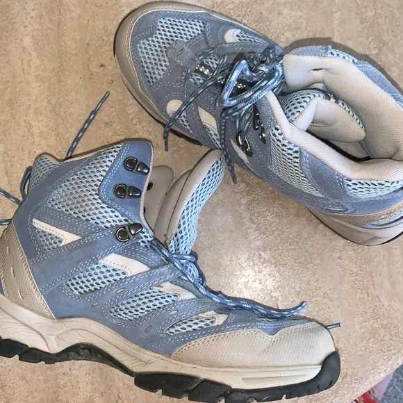 LL BEAN hiking boots, high top, blue &amp; grey leather, breathable net foot, 10 EUC