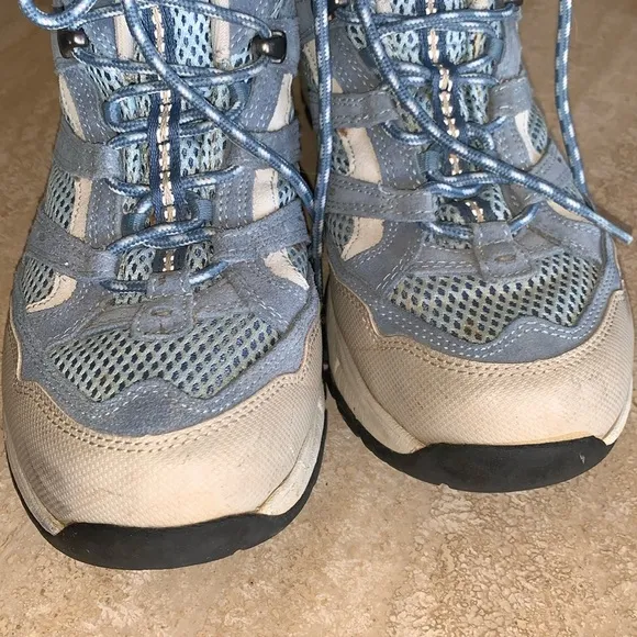 LL BEAN hiking boots, high top, blue &amp; grey leather, breathable net foot, 10 EUC