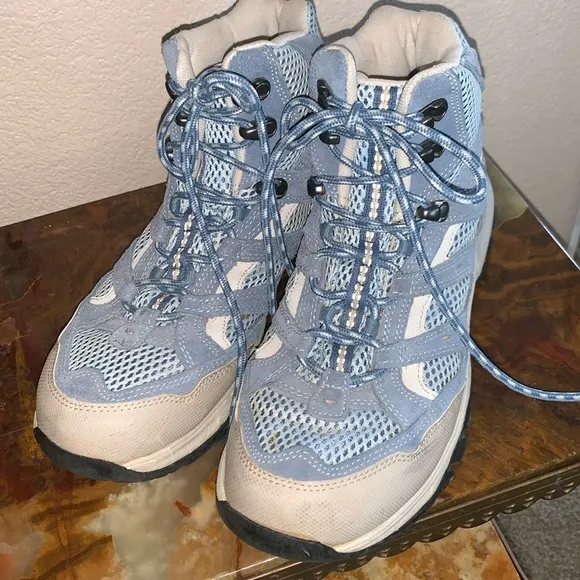 LL BEAN hiking boots, high top, blue &amp; grey leather, breathable net foot, 10 EUC