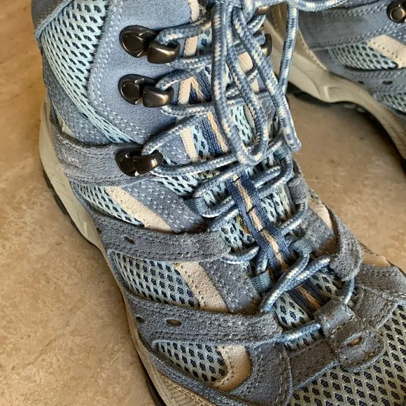 LL BEAN hiking boots, high top, blue &amp; grey leather, breathable net foot, 10 EUC