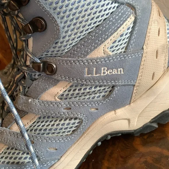 LL BEAN hiking boots, high top, blue &amp; grey leather, breathable net foot, 10 EUC
